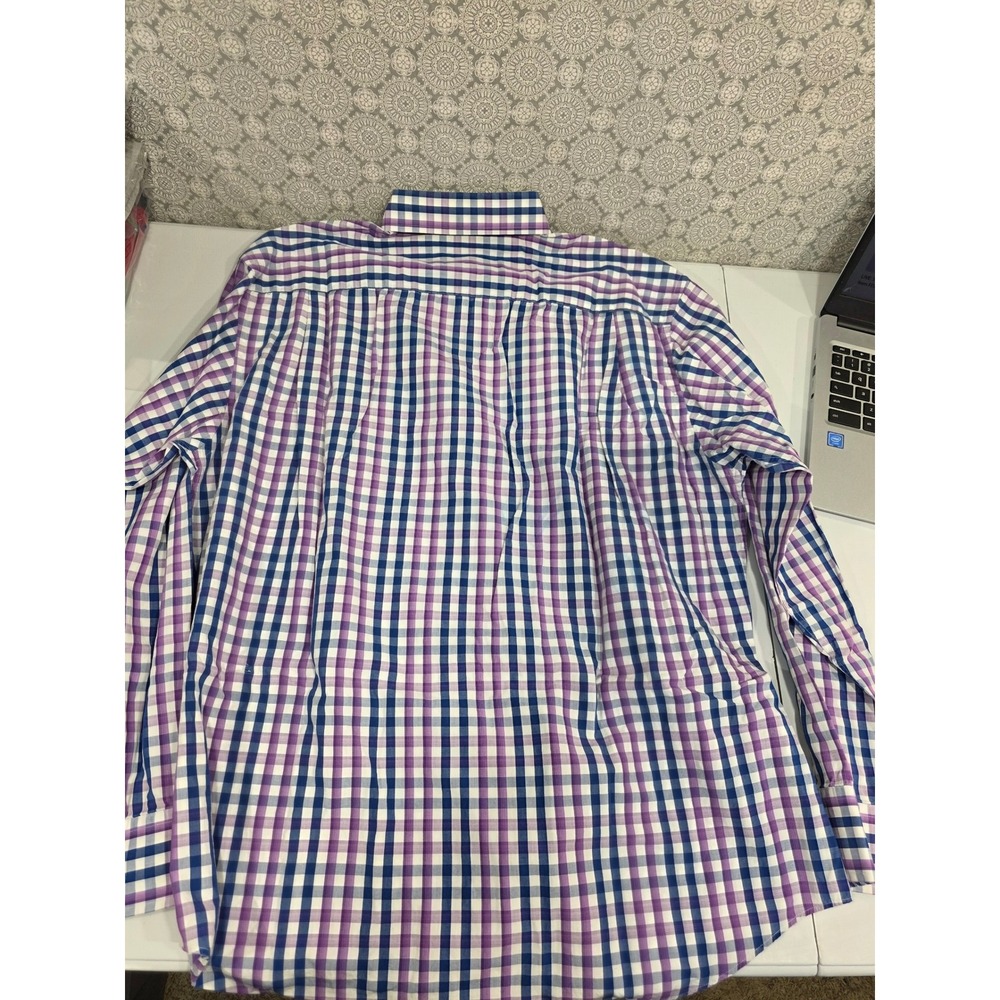 Johnston & Murphy Tailored Fit XL Purple Blue Plaid Long Sleeve Shirt Flip Cuff - Picture 8 of 9